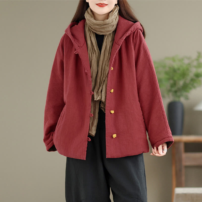Frog-button Plain Long Sleeve Thickened Cotton Women's Jacket With Pockets Hood