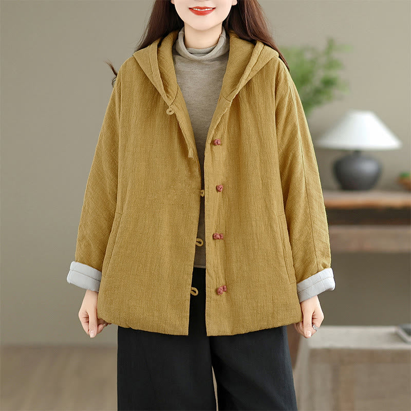Frog-button Plain Long Sleeve Thickened Cotton Women's Jacket With Pockets Hood