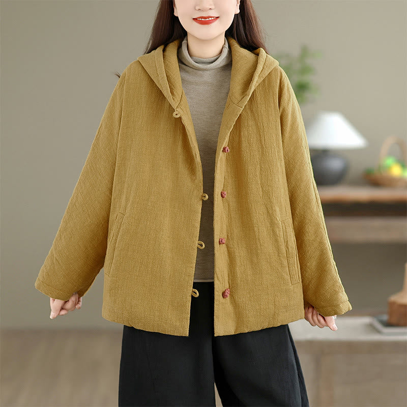 Frog-button Plain Long Sleeve Thickened Cotton Women's Jacket With Pockets Hood