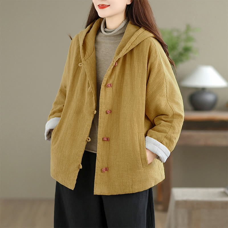 Frog-button Plain Long Sleeve Thickened Cotton Women's Jacket With Pockets Hood