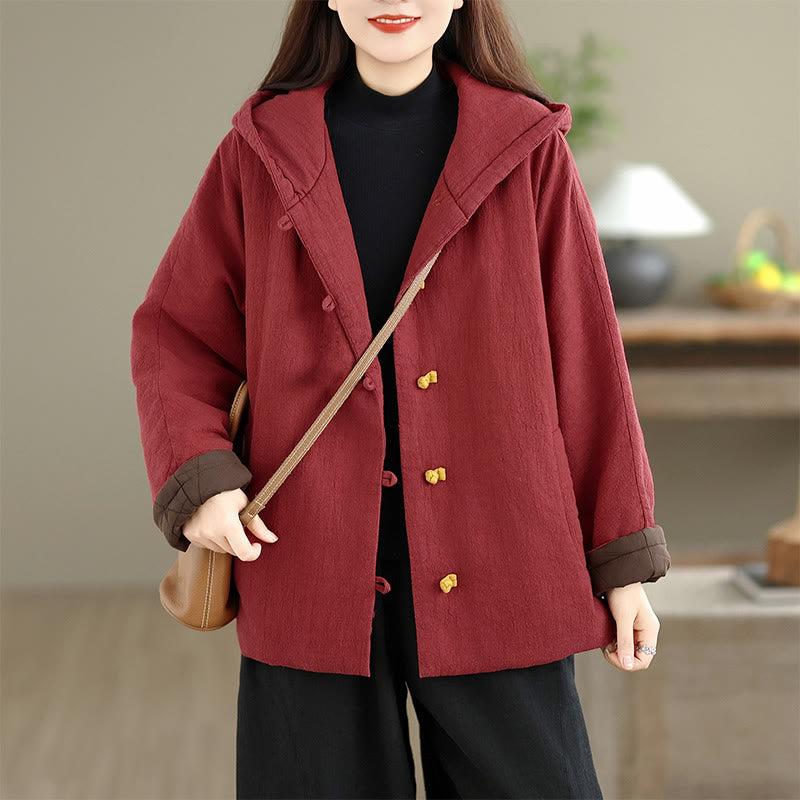 Frog-button Plain Long Sleeve Thickened Cotton Women's Jacket With Pockets Hood