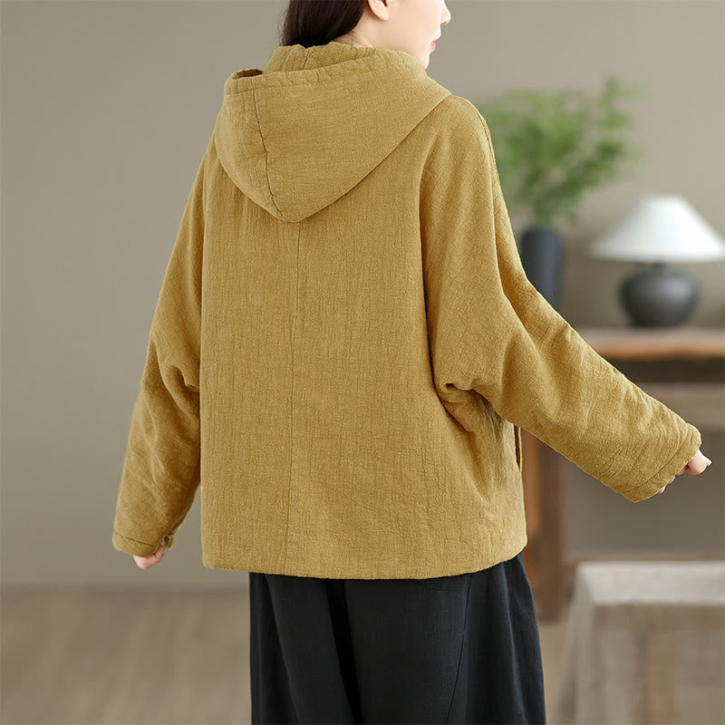 Frog-button Plain Long Sleeve Thickened Cotton Women's Jacket With Pockets Hood