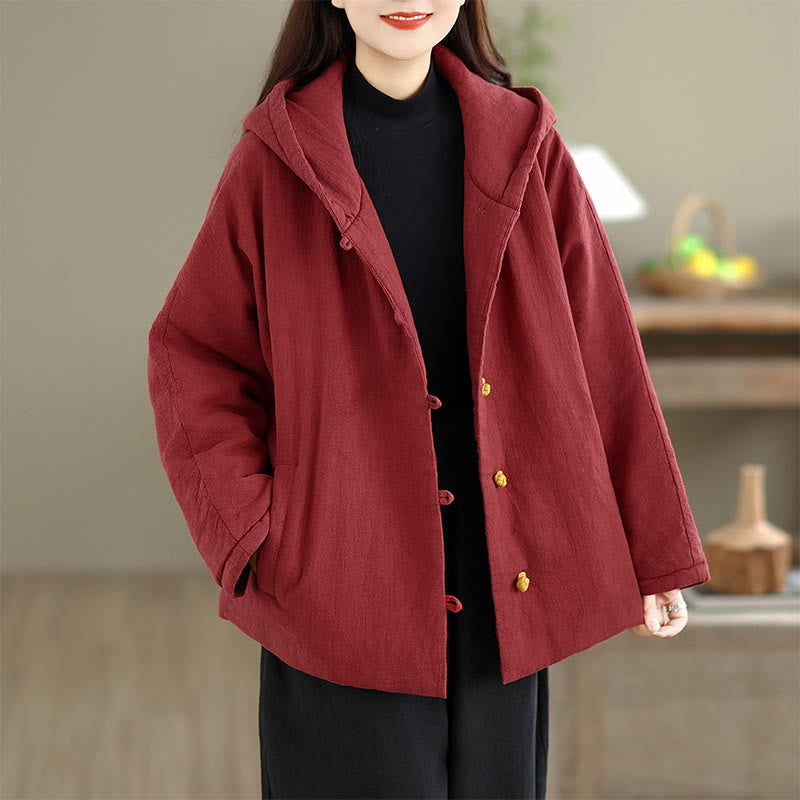 Frog-button Plain Long Sleeve Thickened Cotton Women's Jacket With Pockets Hood