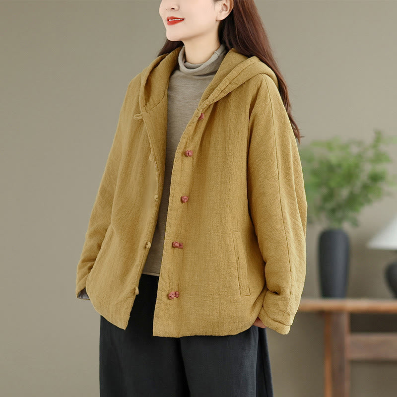 Frog-button Plain Long Sleeve Thickened Cotton Women's Jacket With Pockets Hood