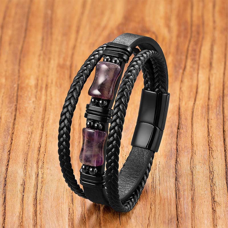 Green Aventurine Amethyst Black Onyx Pink Crystal Positivit Braided Leather Bracelet