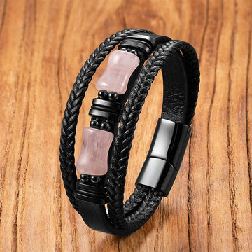 Green Aventurine Amethyst Black Onyx Pink Crystal Positivit Braided Leather Bracelet