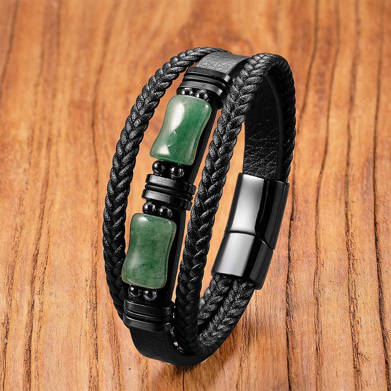 Green Aventurine Amethyst Black Onyx Pink Crystal Positivit Braided Leather Bracelet