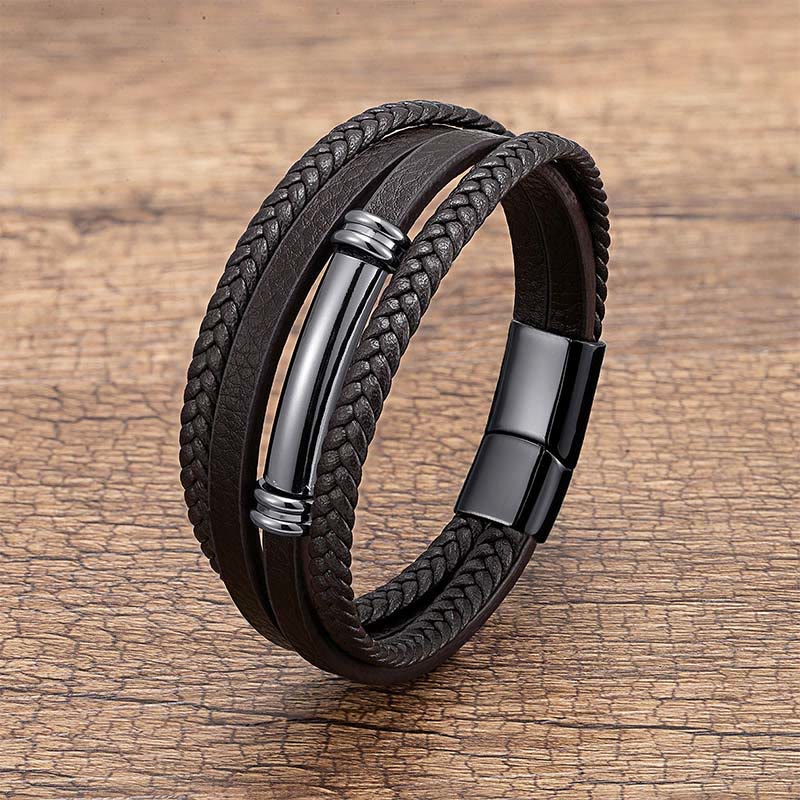 Multi-layered Simple Design Leather Titanium Steel Balance Bracelet