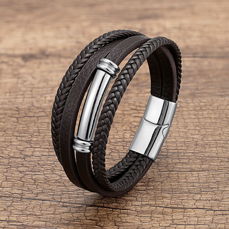 Multi-layered Simple Design Leather Titanium Steel Balance Bracelet