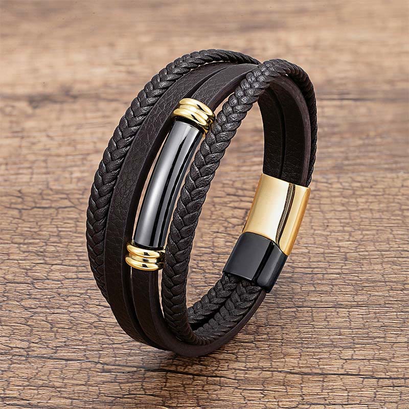 Multi-layered Simple Design Leather Titanium Steel Balance Bracelet