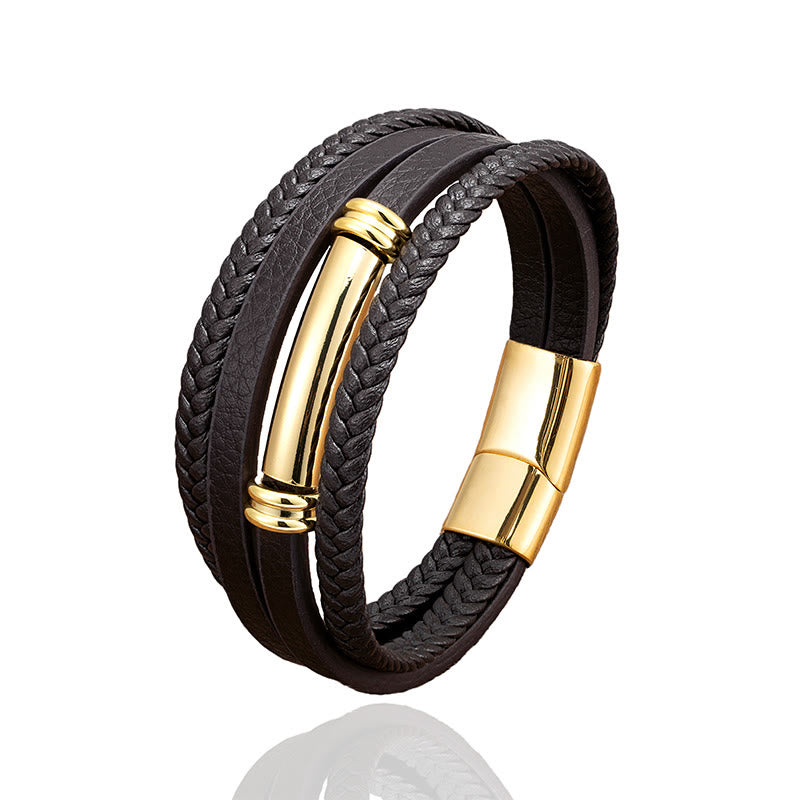 Multi-layered Simple Design Leather Titanium Steel Balance Bracelet