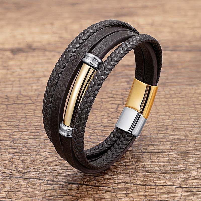 Multi-layered Simple Design Leather Titanium Steel Balance Bracelet