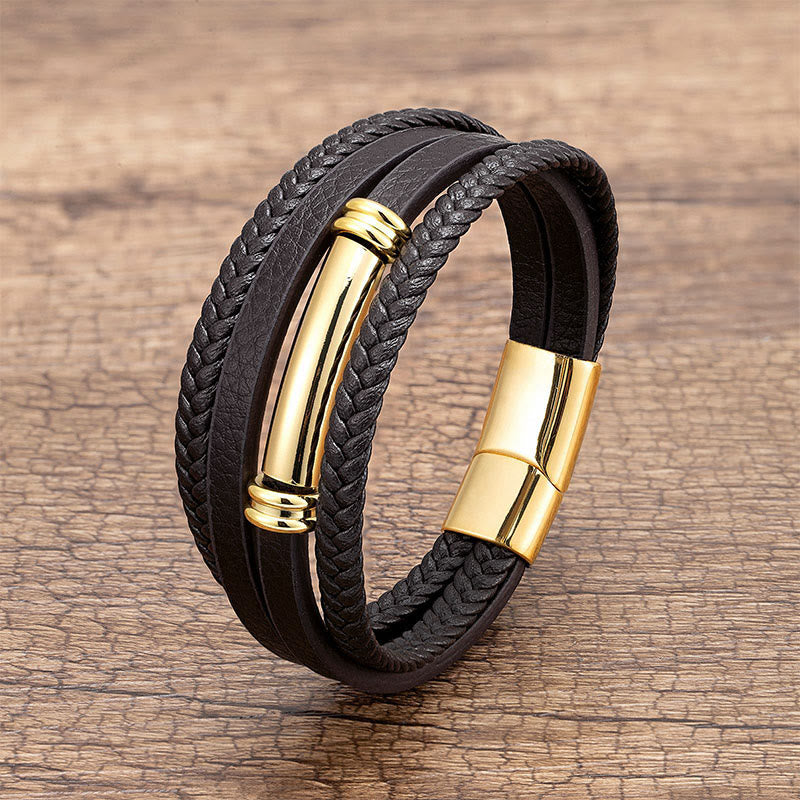 Multi-layered Simple Design Leather Titanium Steel Balance Bracelet
