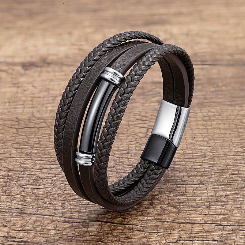 Multi-layered Simple Design Leather Titanium Steel Balance Bracelet