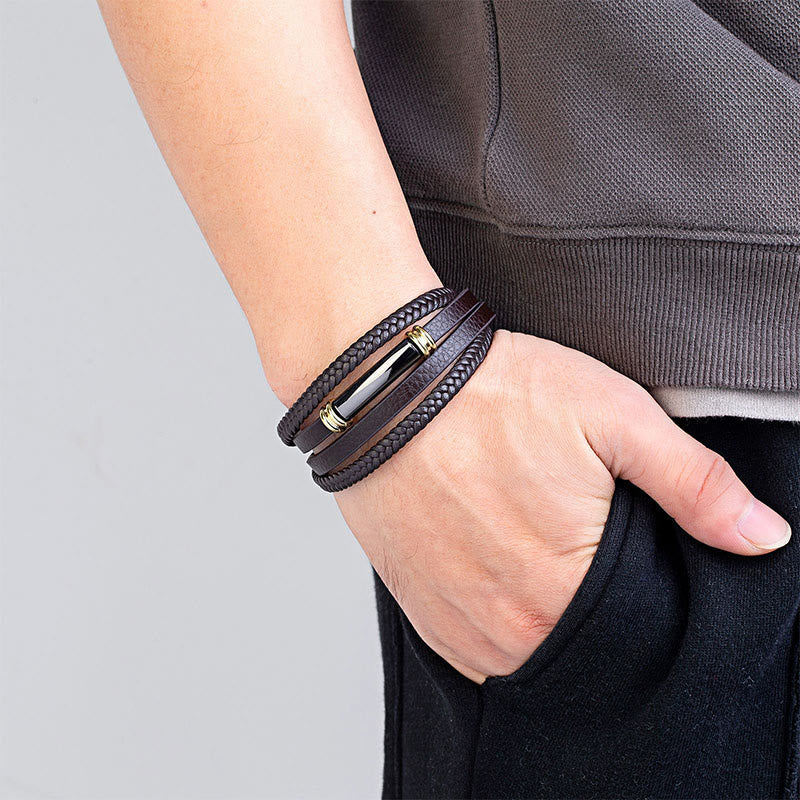 Multi-layered Simple Design Leather Titanium Steel Balance Bracelet