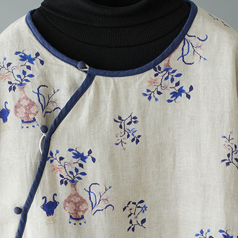Slanted Collar Frog-Button Vase Plant Pattern Long Sleeve Crew Neck Cotton Midi Dress