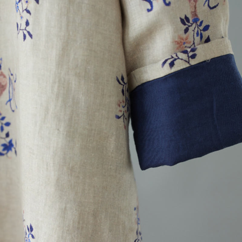 Slanted Collar Frog-Button Vase Plant Pattern Long Sleeve Crew Neck Cotton Midi Dress