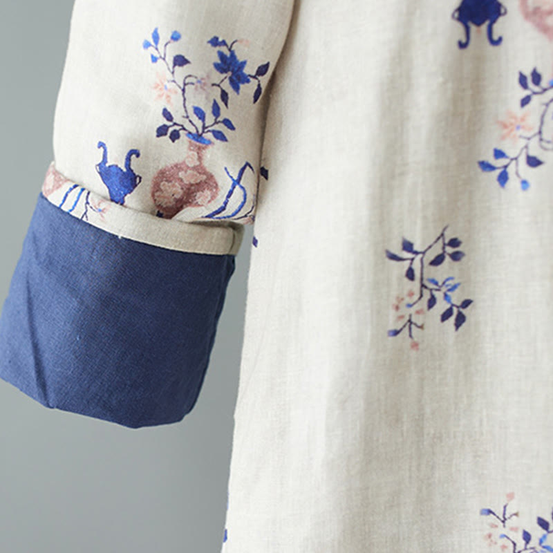Slanted Collar Frog-Button Vase Plant Pattern Long Sleeve Crew Neck Cotton Midi Dress