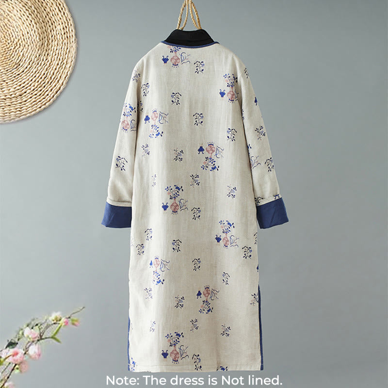 Slanted Collar Frog-Button Vase Plant Pattern Long Sleeve Crew Neck Cotton Midi Dress