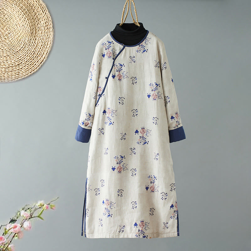 Slanted Collar Frog-Button Vase Plant Pattern Long Sleeve Crew Neck Cotton Midi Dress