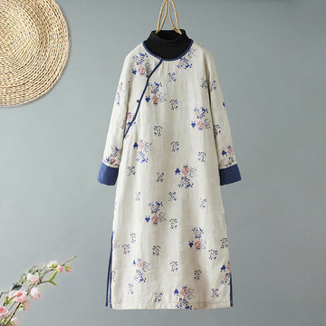 Slanted Collar Frog-Button Vase Plant Pattern Long Sleeve Crew Neck Cotton Midi Dress