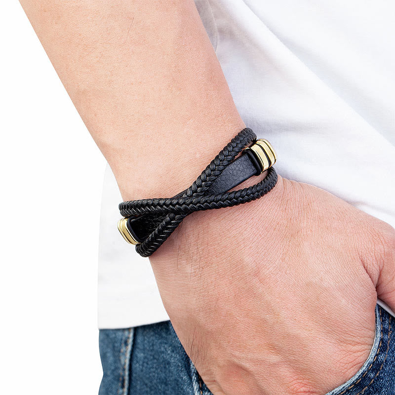 Multi-layered Cross-woven Design Leather Titanium Steel Balance Bracelet