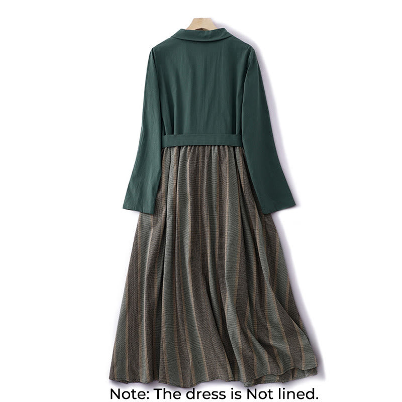 Lapel Color Blocking Design Long Sleeve Cotton Midi Dress With Pockets