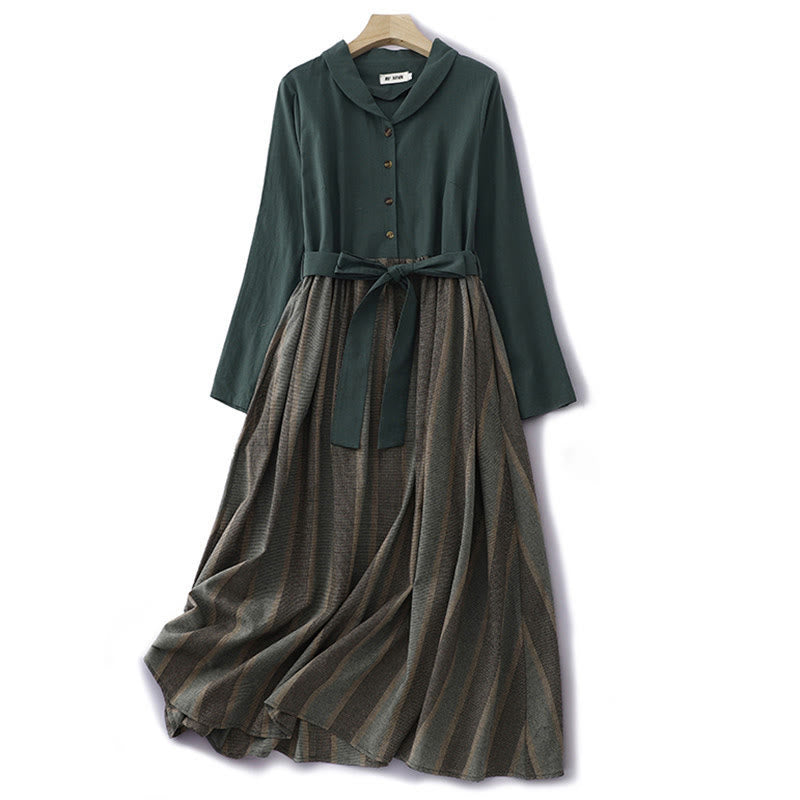 Lapel Color Blocking Design Long Sleeve Cotton Midi Dress With Pockets