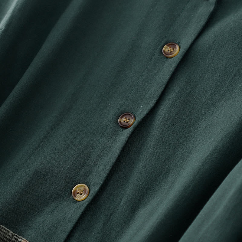Lapel Color Blocking Design Long Sleeve Cotton Midi Dress With Pockets