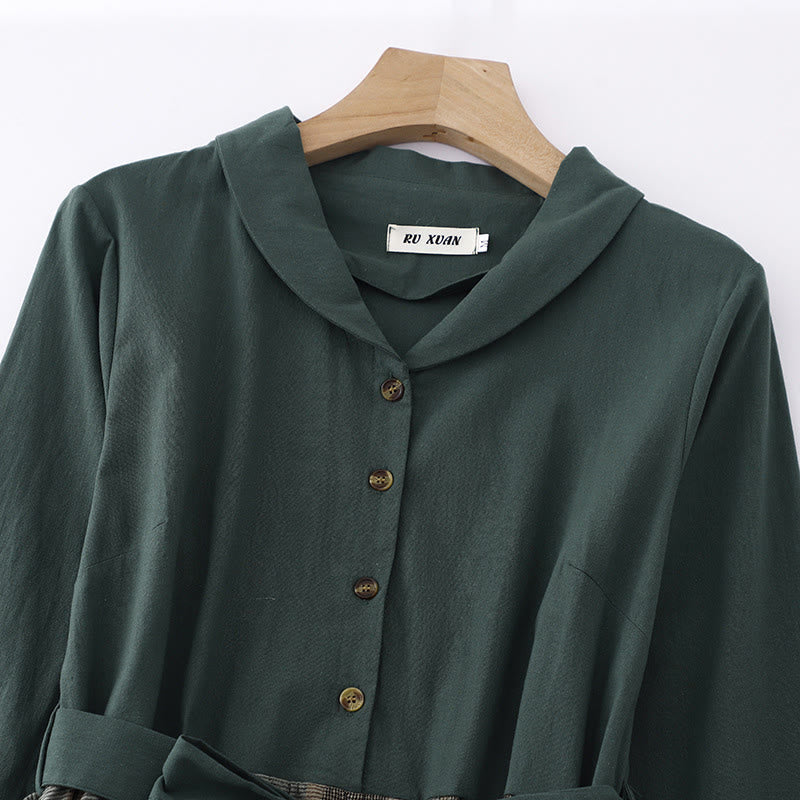Lapel Color Blocking Design Long Sleeve Cotton Midi Dress With Pockets