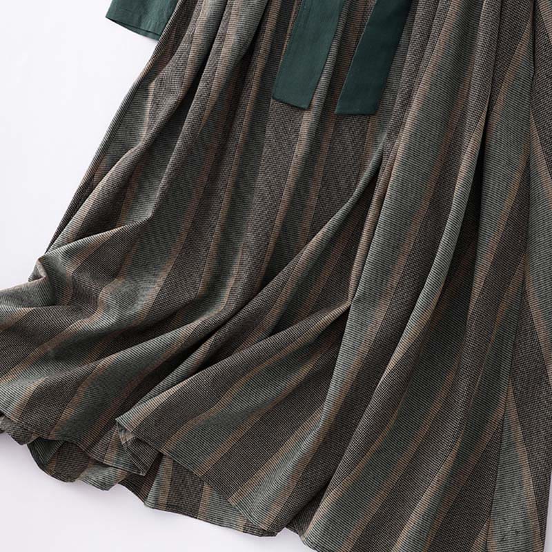 Lapel Color Blocking Design Long Sleeve Cotton Midi Dress With Pockets