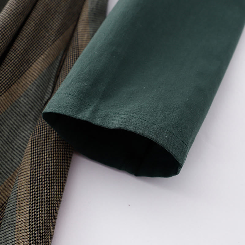 Lapel Color Blocking Design Long Sleeve Cotton Midi Dress With Pockets