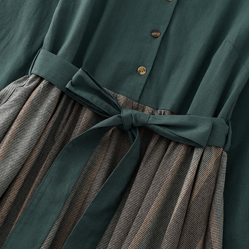 Lapel Color Blocking Design Long Sleeve Cotton Midi Dress With Pockets