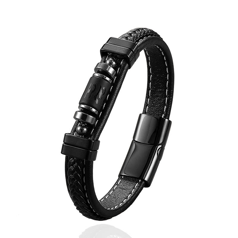 Om Mani Padme Hum Dragon Symbol Leather Titanium Steel Balance Protection Bracelet