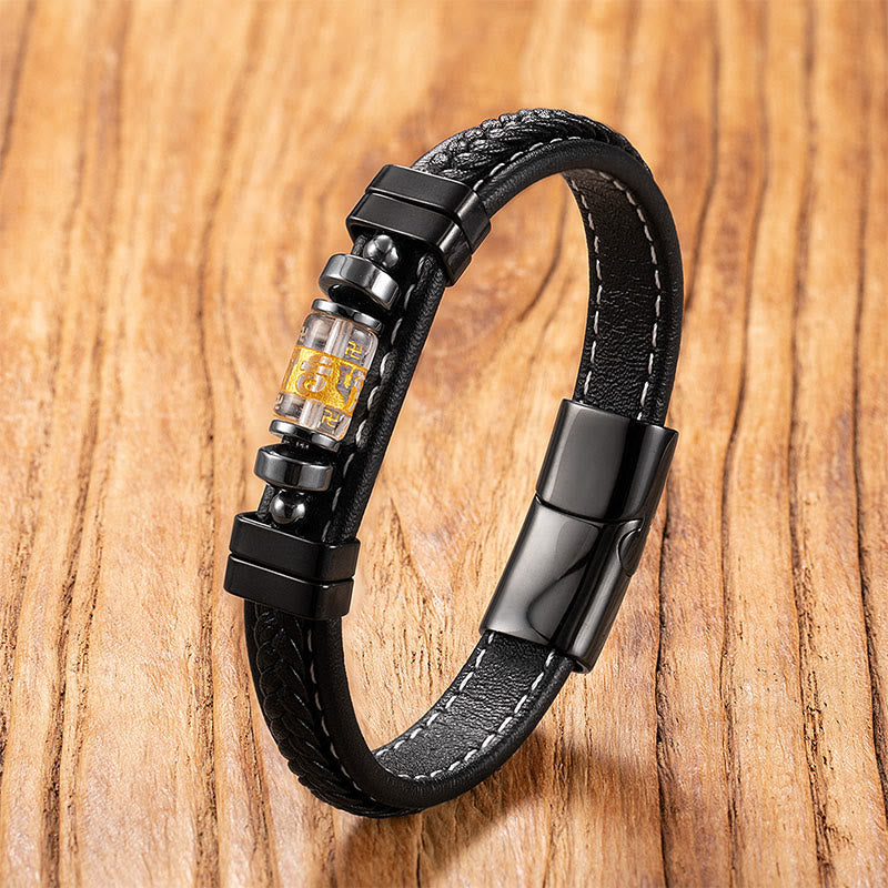 Om Mani Padme Hum Dragon Symbol Leather Titanium Steel Balance Protection Bracelet