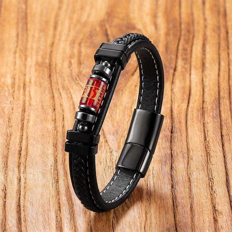 Om Mani Padme Hum Dragon Symbol Leather Titanium Steel Balance Protection Bracelet