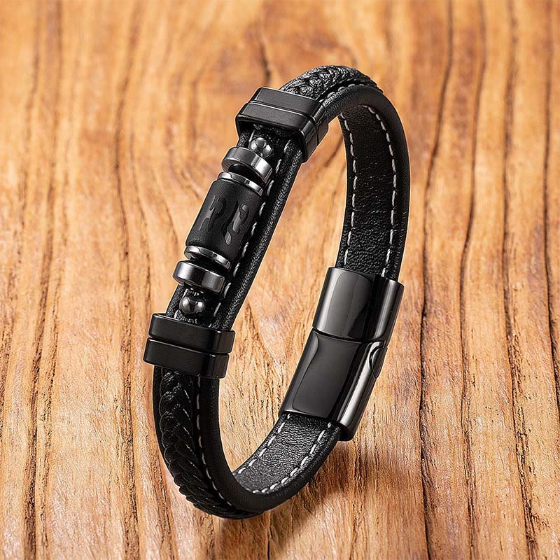 Om Mani Padme Hum Dragon Symbol Leather Titanium Steel Balance Protection Bracelet