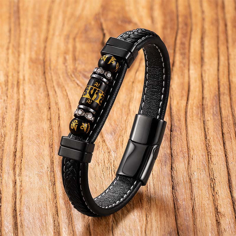 Om Mani Padme Hum Dragon Symbol Leather Titanium Steel Balance Protection Bracelet