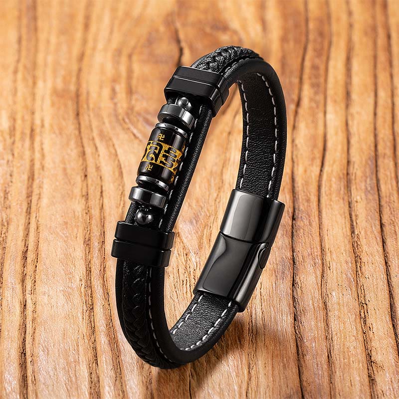 Om Mani Padme Hum Dragon Symbol Leather Titanium Steel Balance Protection Bracelet