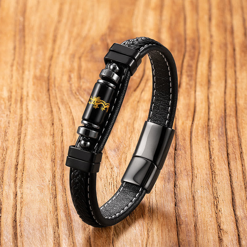 Om Mani Padme Hum Dragon Symbol Leather Titanium Steel Balance Protection Bracelet