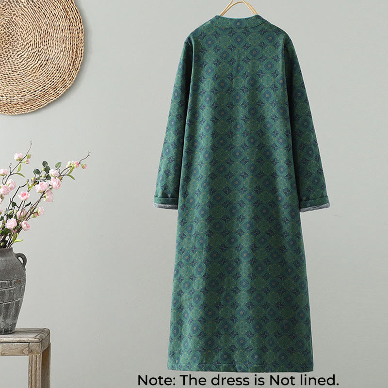 Crew Neck Frog-button Flower Pattern Long Sleeve Cotton Midi Dress