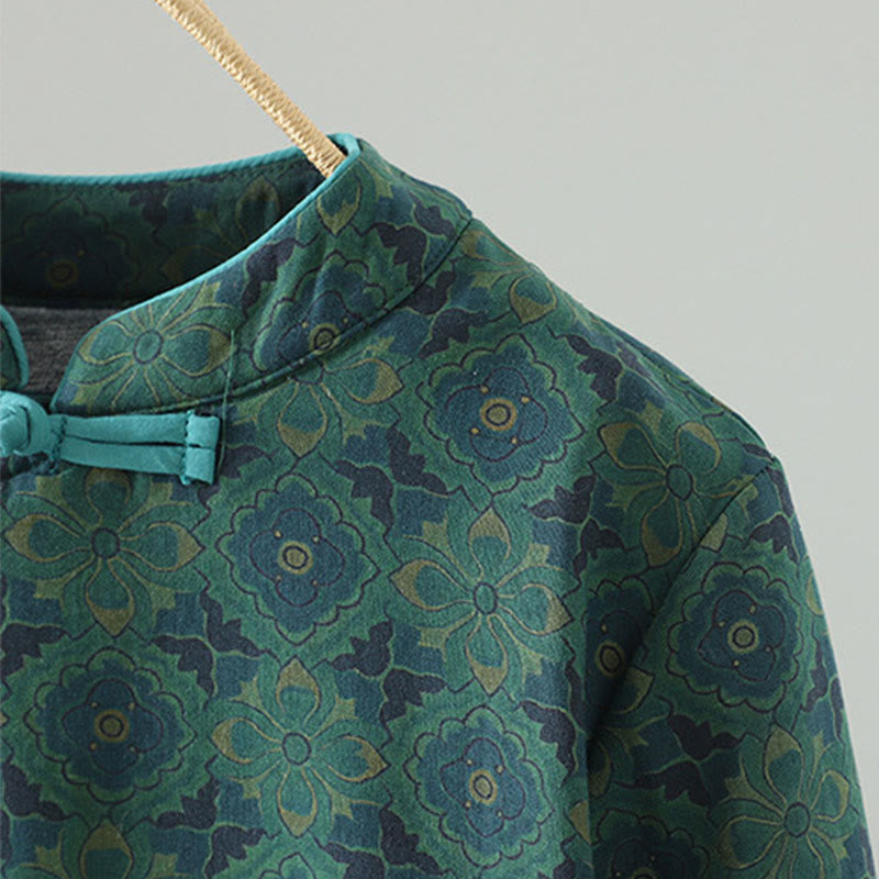 Crew Neck Frog-button Flower Pattern Long Sleeve Cotton Midi Dress