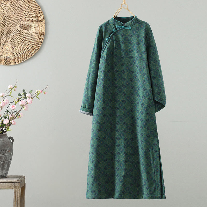 Crew Neck Frog-button Flower Pattern Long Sleeve Cotton Midi Dress