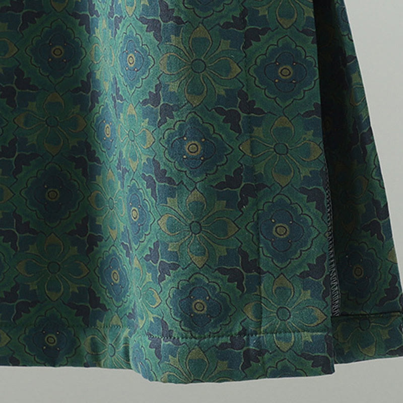 Crew Neck Frog-button Flower Pattern Long Sleeve Cotton Midi Dress