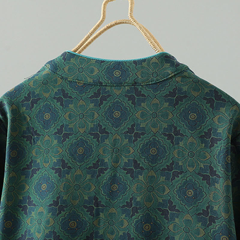 Crew Neck Frog-button Flower Pattern Long Sleeve Cotton Midi Dress