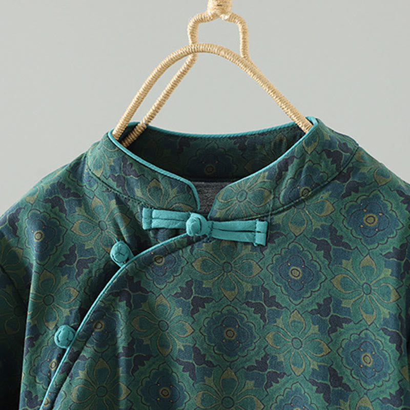 Crew Neck Frog-button Flower Pattern Long Sleeve Cotton Midi Dress