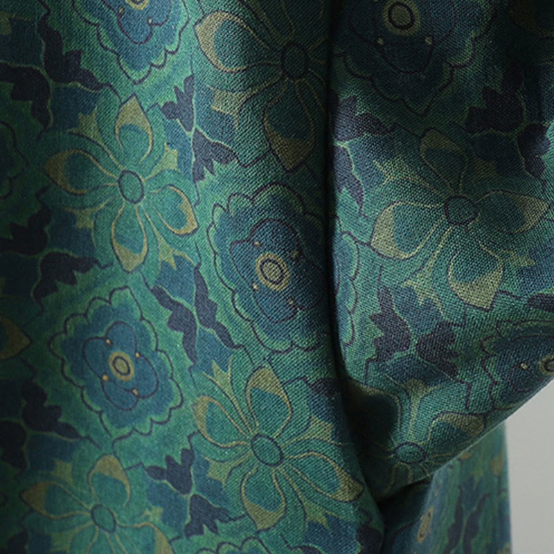 Crew Neck Frog-button Flower Pattern Long Sleeve Cotton Midi Dress