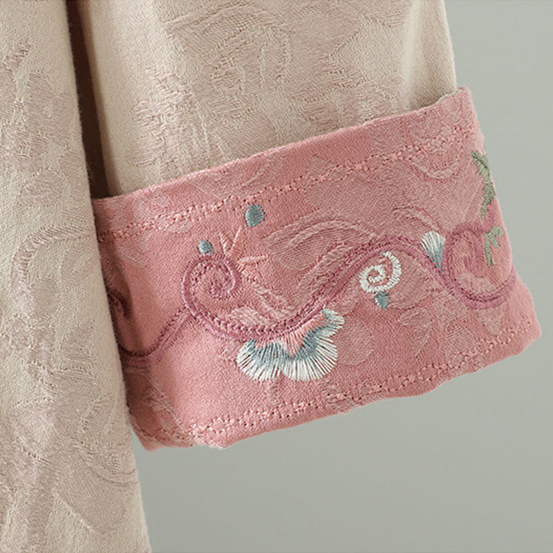 Stand Collar Frog-Button Flower Pattern Embroidery Design Long Sleeve Cotton Midi Dress
