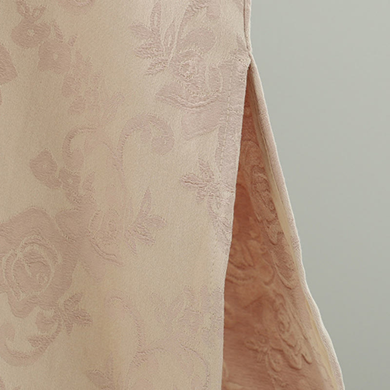 Stand Collar Frog-Button Flower Pattern Embroidery Design Long Sleeve Cotton Midi Dress