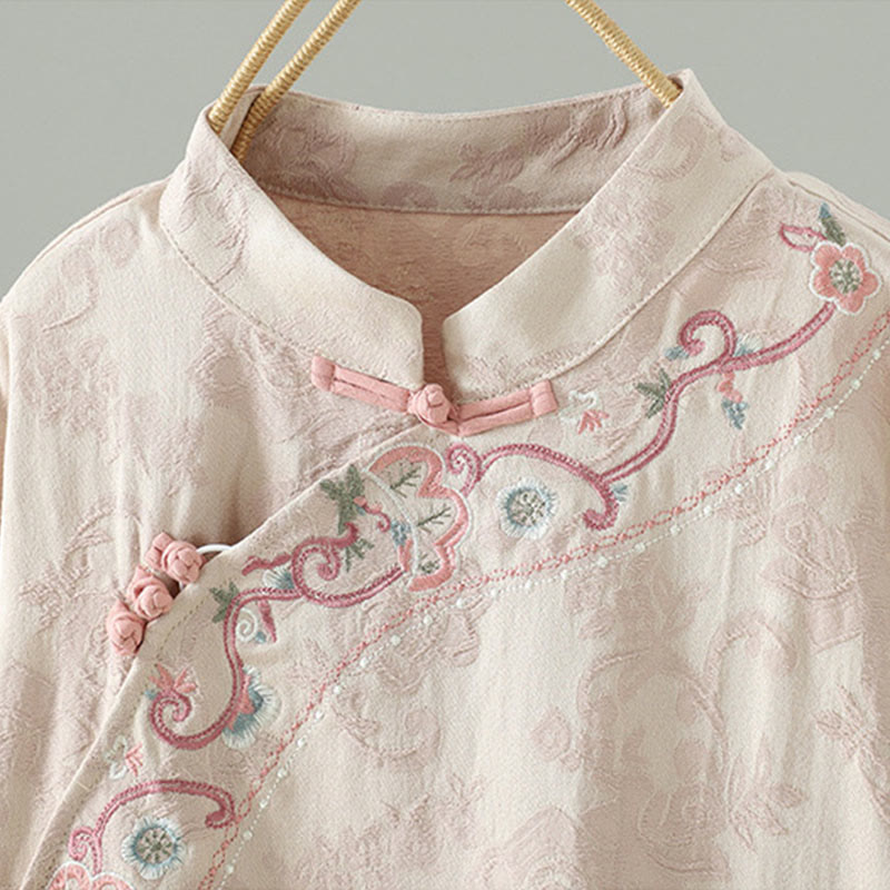Stand Collar Frog-Button Flower Pattern Embroidery Design Long Sleeve Cotton Midi Dress